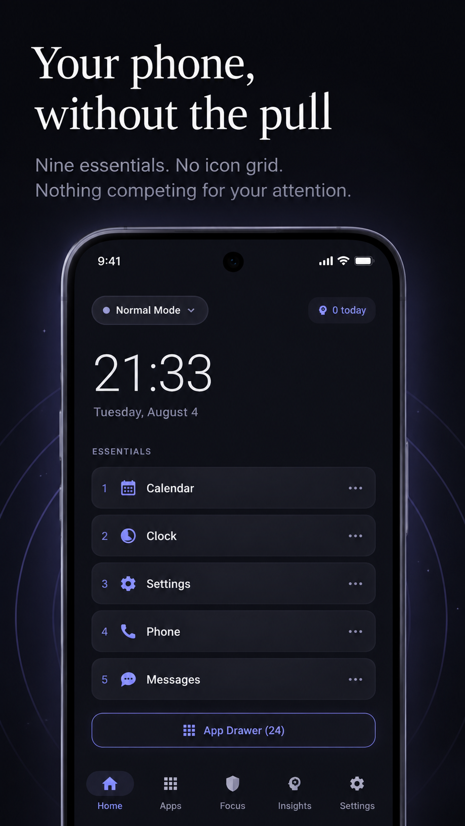 Sanctuary Launcher's text-first Android home screen showing the time, date, active focus mode, and a short list of essential apps instead of an icon grid