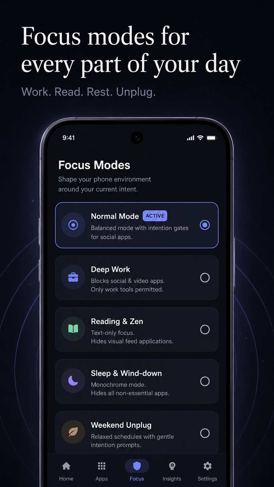 Focus modes in Sanctuary Launcher for Android: Normal, Deep Work, Reading and Zen, and Sleep and Wind-down