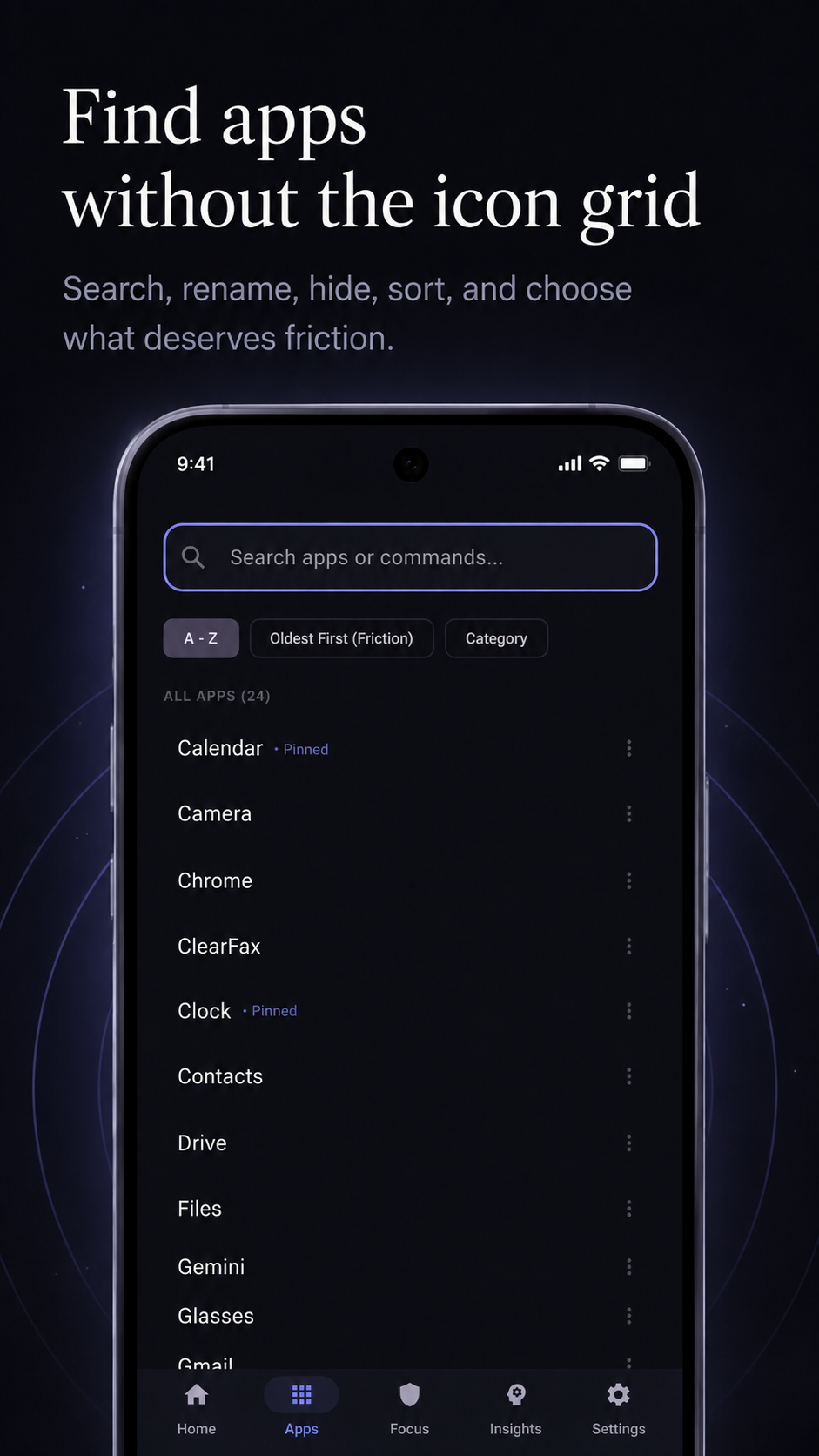 The text-based app library in Sanctuary Launcher with search, alphabetical sorting, custom aliases, and hidden apps