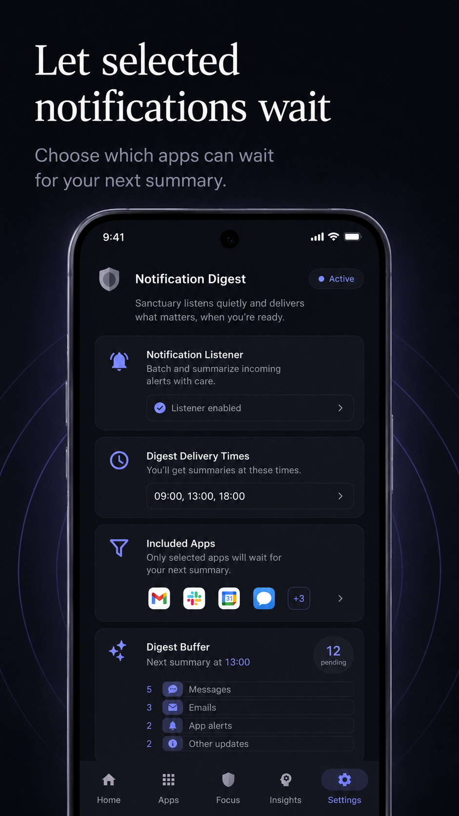 Notification digest settings in Sanctuary Launcher batching non-urgent Android notifications into scheduled delivery times